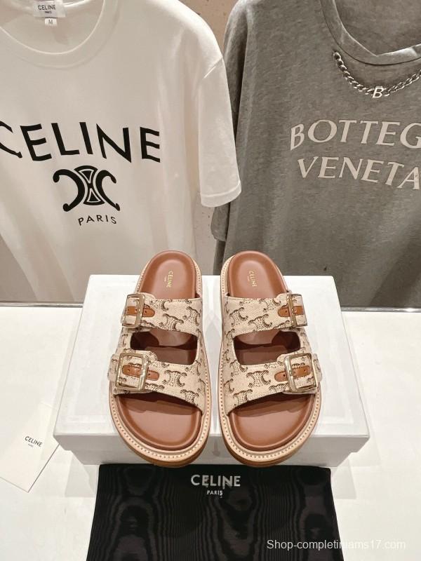 2025 Women Celine Beige Canvas Vintage Style Double Buckle Sandals Handcrafted Unisex LY00360(F)