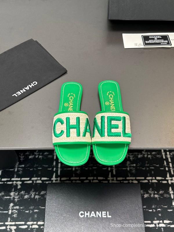 2025 Women Chanel Green Canvas Slippers