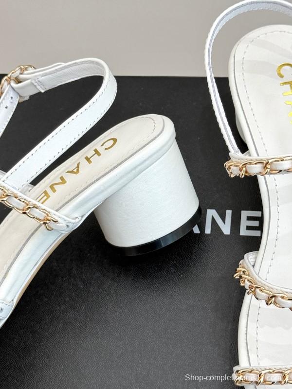 2025 Women Chanel White Leather Chain Strap Sandals