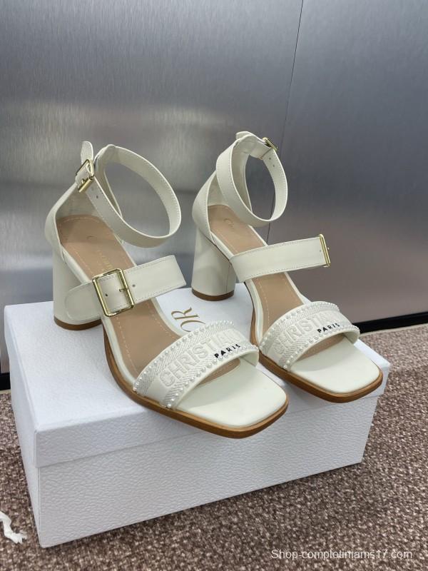 2025 Women Dior White Calfskin Silk Embroidery Sandals KFY00320