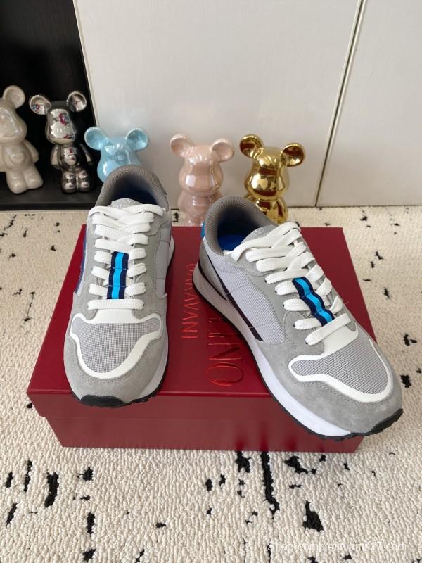 2025 Unisex Valentino Grey Blue White Leather Silk Glossy Running Sneakers LY00340