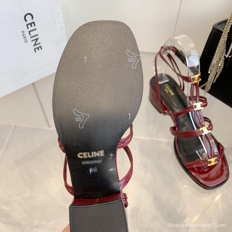 2025 Women Celine Burgundy Patent Leather Sandals KFY00300