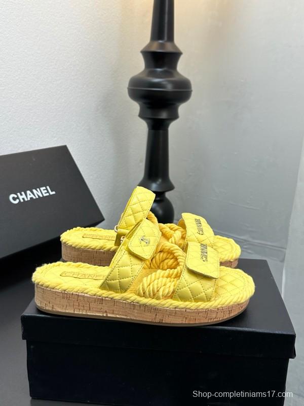 2025 CHANEL Yellow Quilted Fabric Slippers