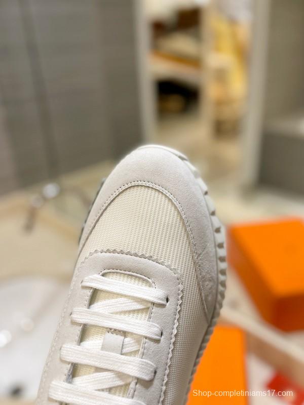 2024 Unisex Hermès White Cream Imported Silky Goat Suede Nylon Sneakers MJ00320