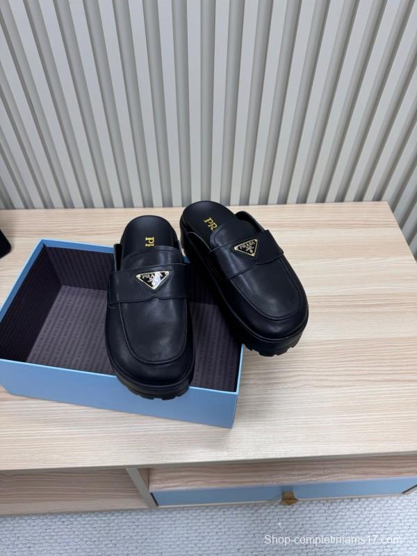 2025 Women Prada Black Leather Platform Loafers
