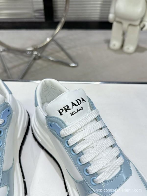 2025 Women Prada Light Blue White Leather Sneakers KFY00310
