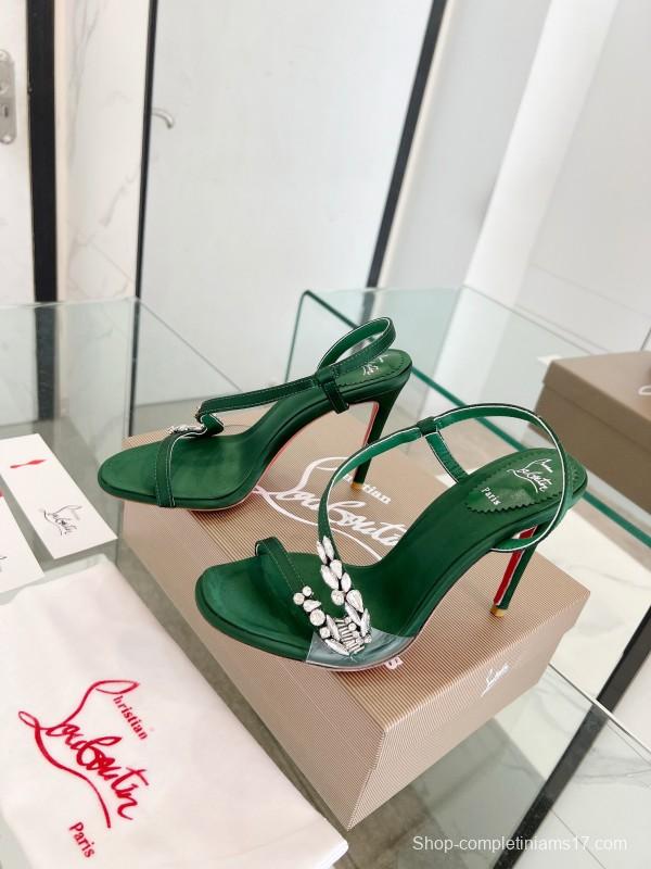 2025 Women Christian Louboutin Green Silk High Heel Crystal Sandal LY00300