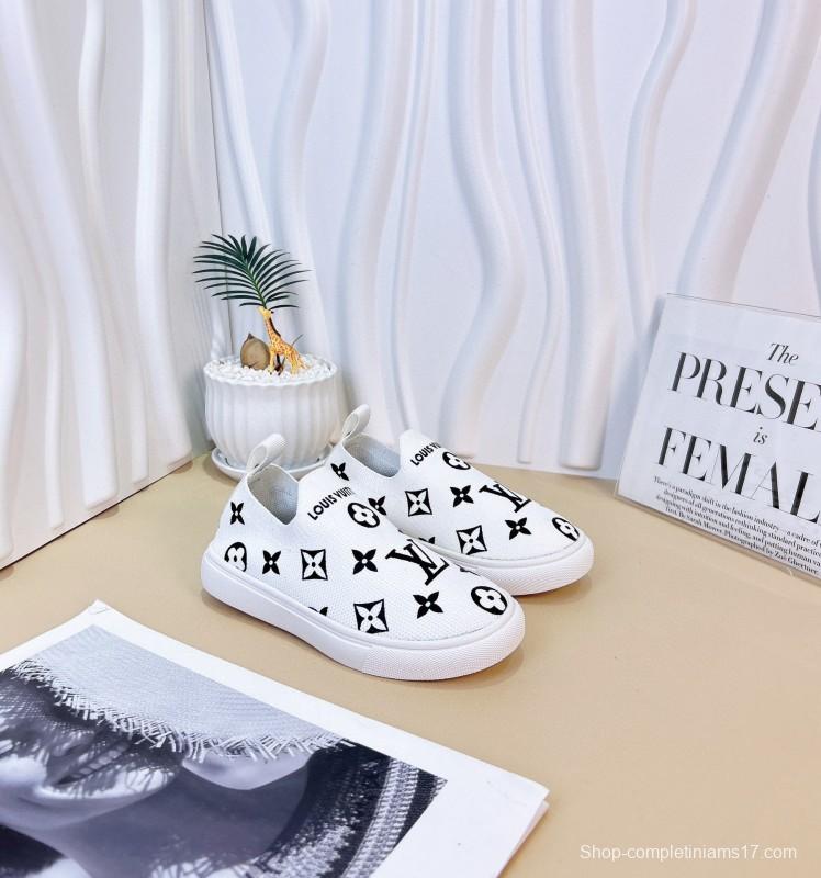 2024 Kids Louis Vuitton White Black Pink Canvas Slip-On Sneakers