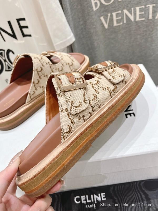 2025 Women Celine Beige Canvas Vintage Style Double Buckle Sandals Handcrafted Unisex LY00360(F)