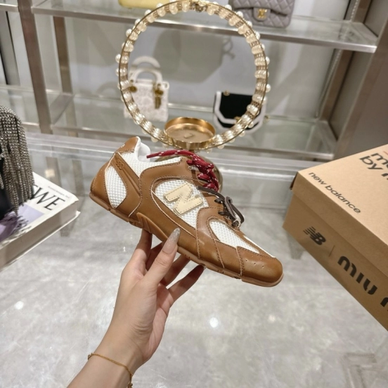 2025 Women Miumiu Brown White Leather Mesh Sneakers