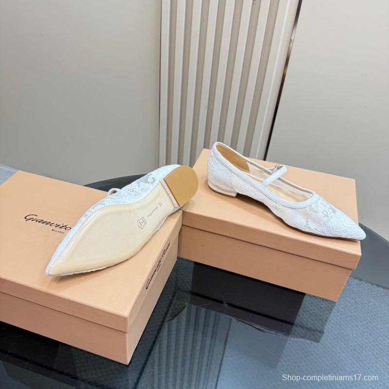 2025 Women Gianvito Rossi White Lace Leather Low Heel Ballerina KFY00260