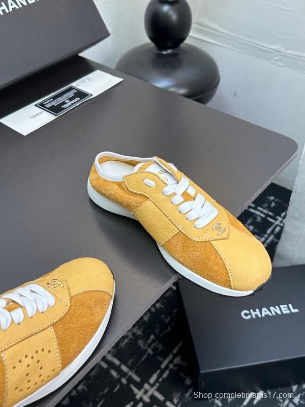 2025 Women Chanel Yellow Suede Casual Sneakers Handmade CC Logo LY00360(F)