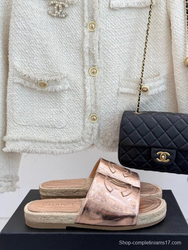 2025 Slippers Chanel Rose Gold Leather Women Espadrille Handmade KFY00230