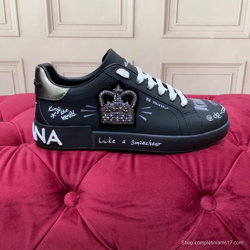 2025 Men Dolce & Gabbana Black Silk Leather Sneakers Crown Embellishment LY00360