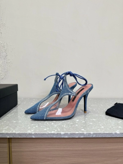 2025 Women Les Petits Joueurs Blue Denim Satin Leather Heels KFY00290