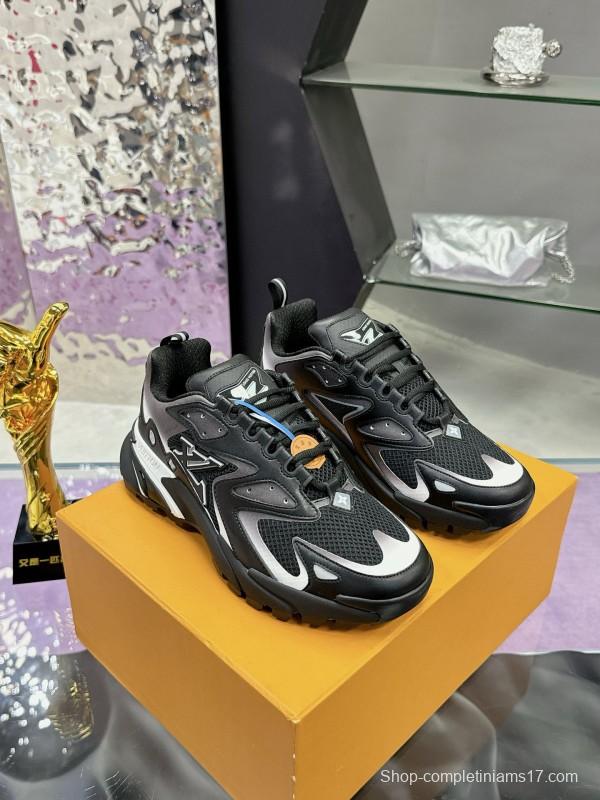 2025 Men Louis Vuitton Black Grey Mesh Leather Sneakers MJ00420