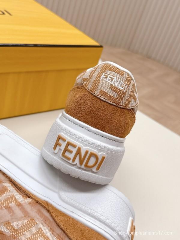 2025 Women Fendi Brown Leather Fabric Sneakers LY00340
