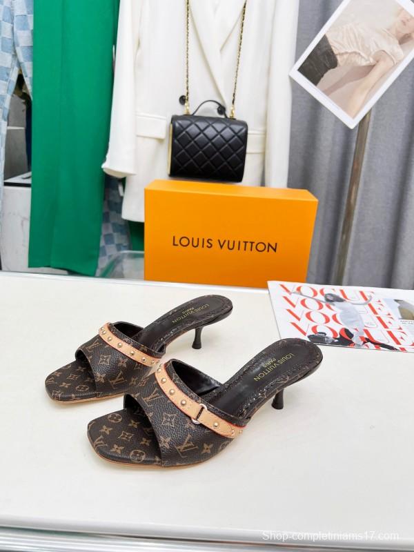 2025 Women Louis Vuitton Brown Leather Kitten Heel Mules LY00260