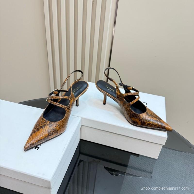 2025 Women Celine Brown Snake Leather Pointed Toe Slingback Heels