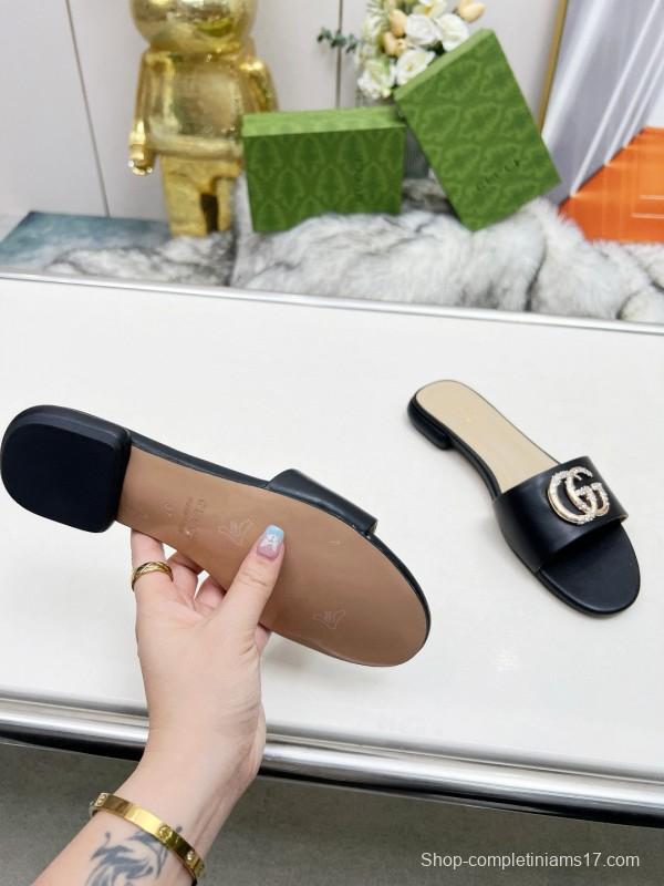2025 Gucci Black Leather Slippers Double G Buckle MJ00190