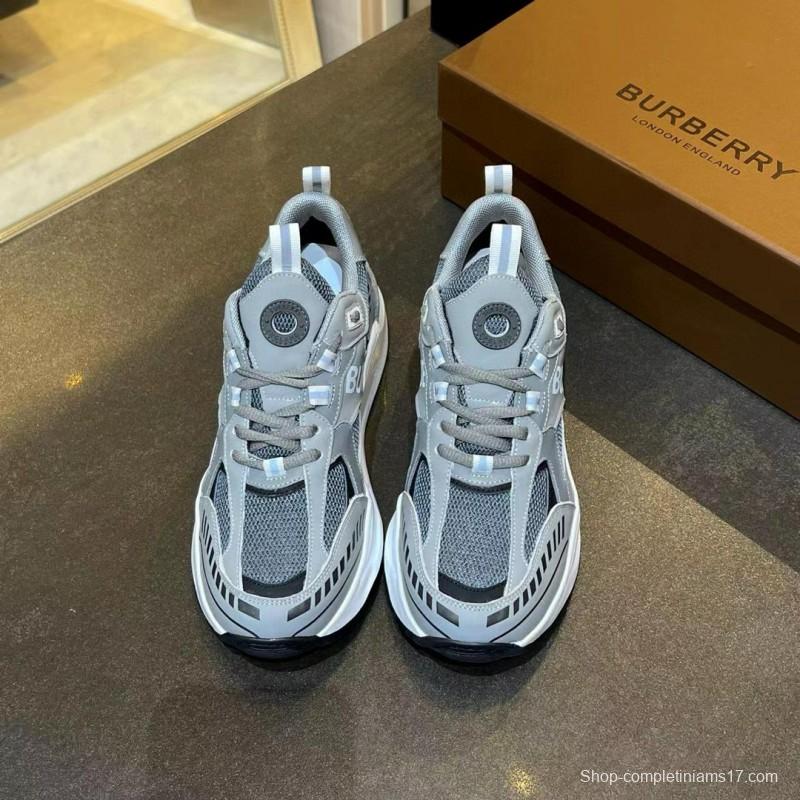 2025 Unisex Burberry Grey Suede Leather Mesh Sneakers Vintage Code MJ00380