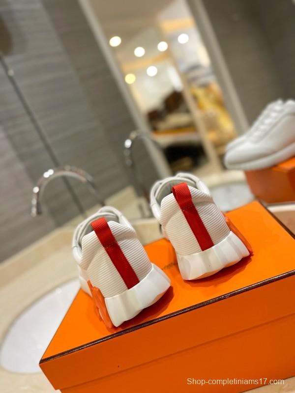2024 Unisex Hermès White Orange Black Imported Glossy Lambskin Rain Velvet Casual Sneakers MJ00320