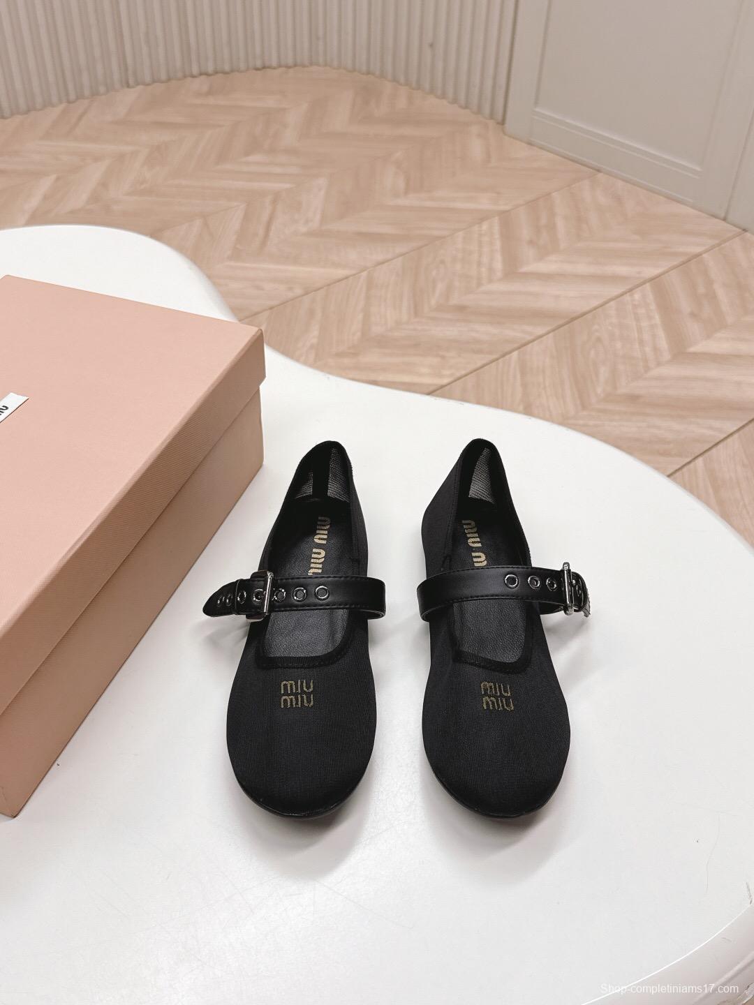 2025 Women Miu Miu Black Mesh Leather Ballet Flats LY00230