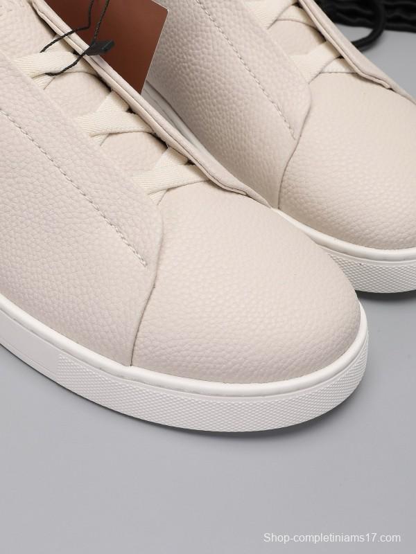 2024 Men Ermenegildo Zegna Beige Leather Low Top Sneakers MJ00240