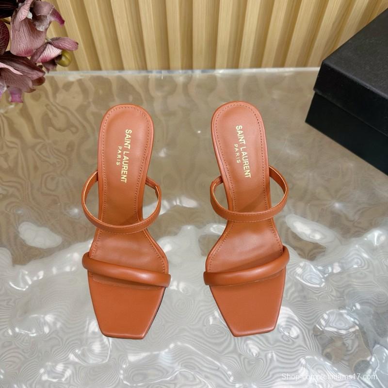 2025 Women Yves Saint Laurent Brown Leather High Heel Sandals Metal Logo MJ00310