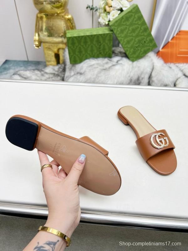 2025 Gucci Camel Leather Slippers GG Buckle MJ00190/225