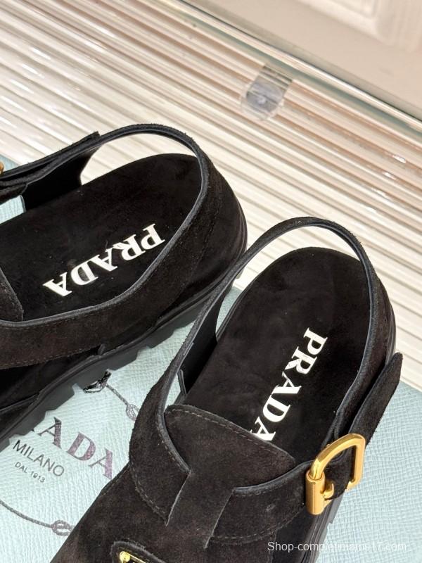 2025 Women Prada Black Suede Sandals