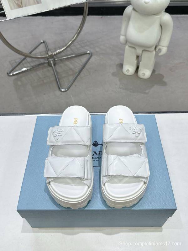 2025 Women Prada White Leather Sandals