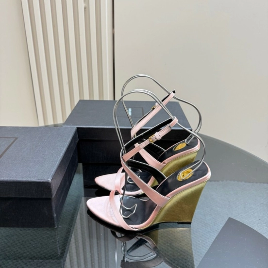 2025 Women Yves Saint Laurent Pink And Olive Silk Wedge Sandals Elegant Design KFY00290(F)