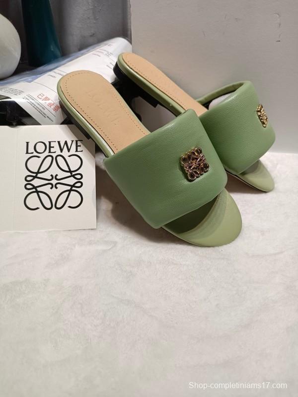 2025 Women Loewe Green Leather Slippers