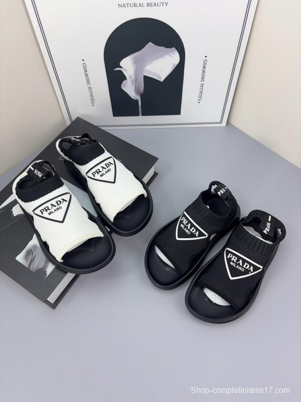 2025 Kids PRADA Black White Fabric Sandals