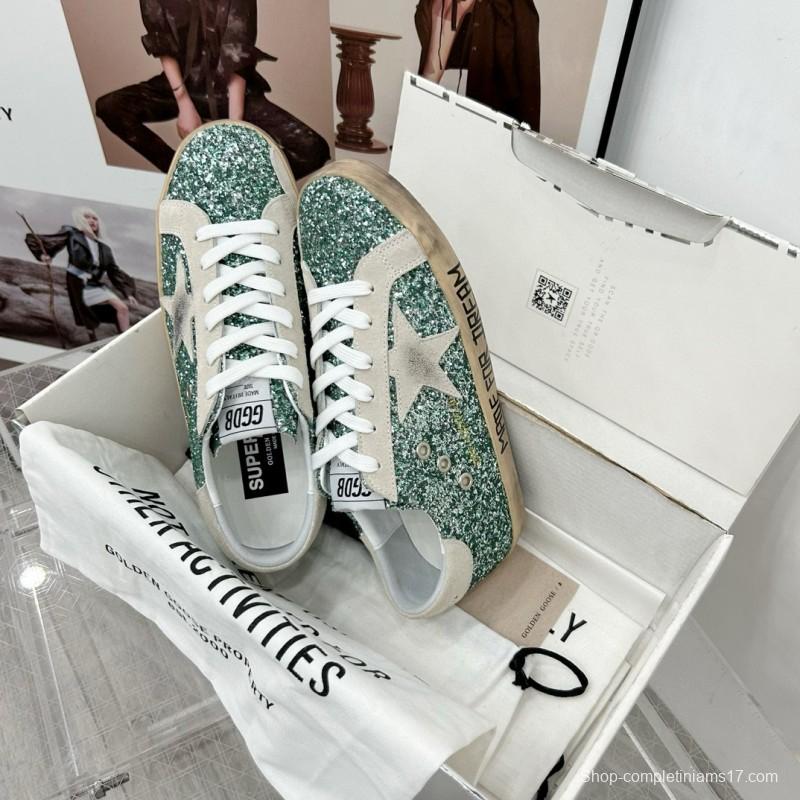 2025 Women GGDB Green White Suede Leather Star Sneakers