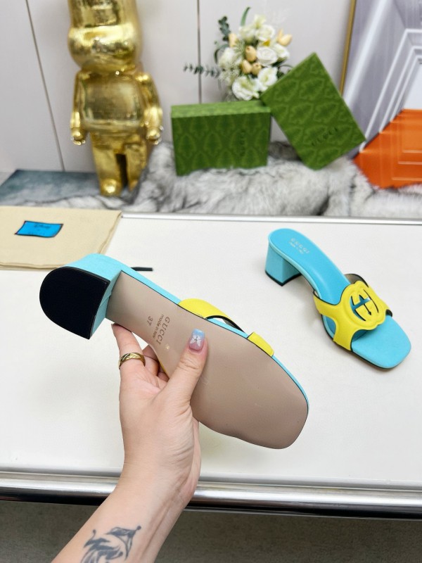 2025 Gucci Blue Yellow Leather Slippers
