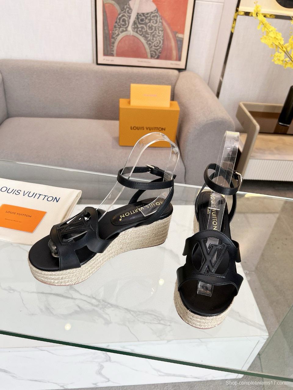 2025 Women Louis Vuitton Black Leather Espadrilles Sandals MJ00280