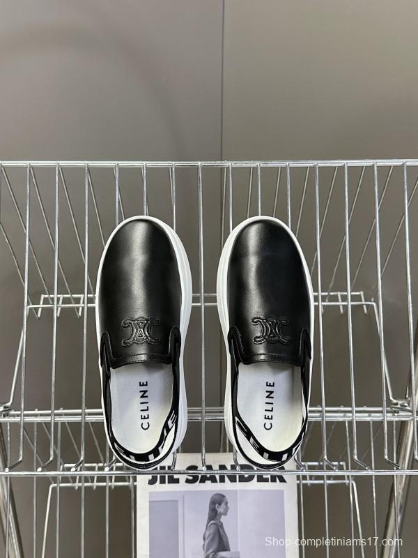 2025 Women CELINE Black White Leather Slip-On Sneakers LY00280