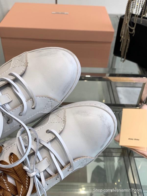 2025 Women Miu Miu White Brown Leather Sneakers LY00290