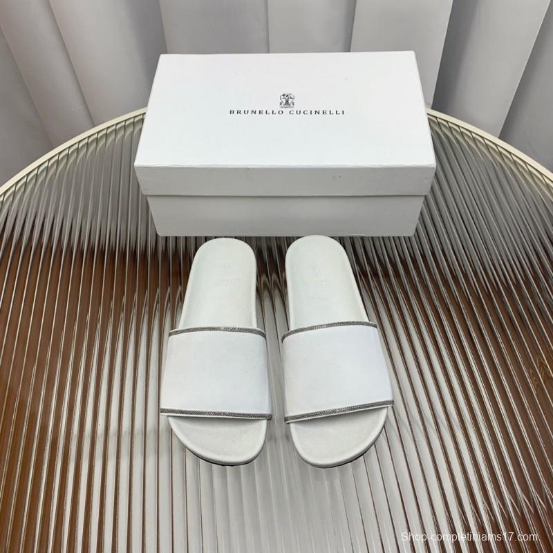 2025 Unisex Brunello Cucinelli White Imported Suede Flat Slide Sandals Handmade Beaded Chain Inlay KFY00240