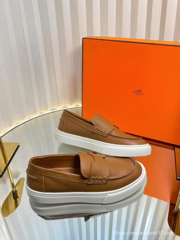 2025 Unisex Hermès Brown Leather Fabric Loafers Slip-On LY00310(F)/LY00320(M)