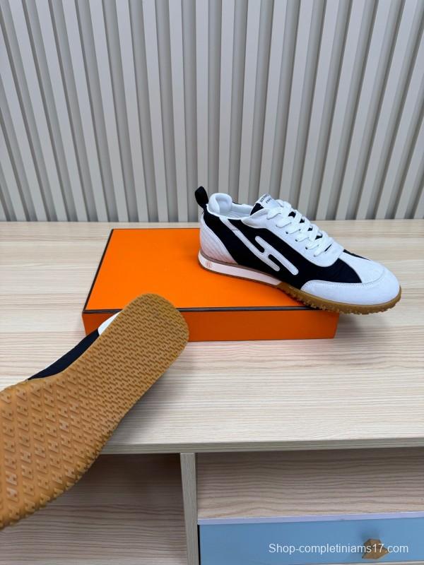 2025 Unisex Hermès White Black Suede Down Fabric Sneakers Top Version LY00310