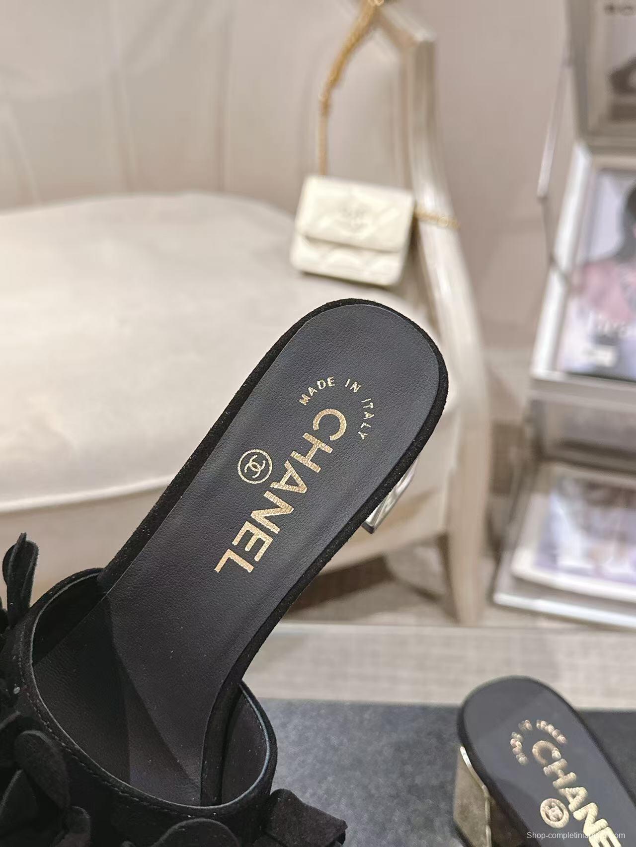 2025 Women Chanel Black Leather Slippers Floral B2032-2