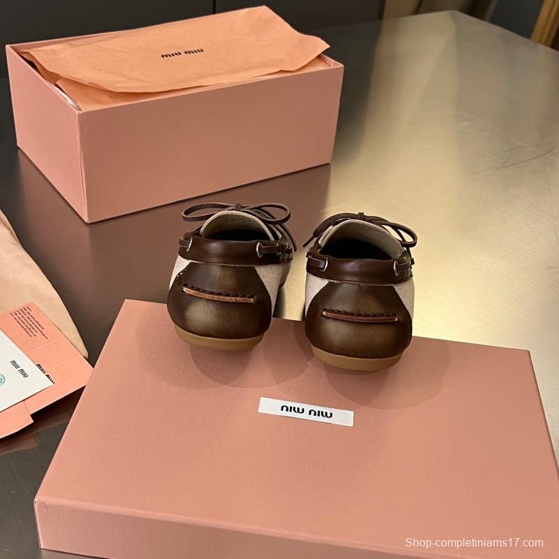 2025 Women Miu Miu Brown Beige Leather Canvas Loafers LY00230