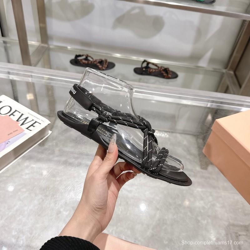 2025 Women Miu Miu Black Leather Rope Sandals