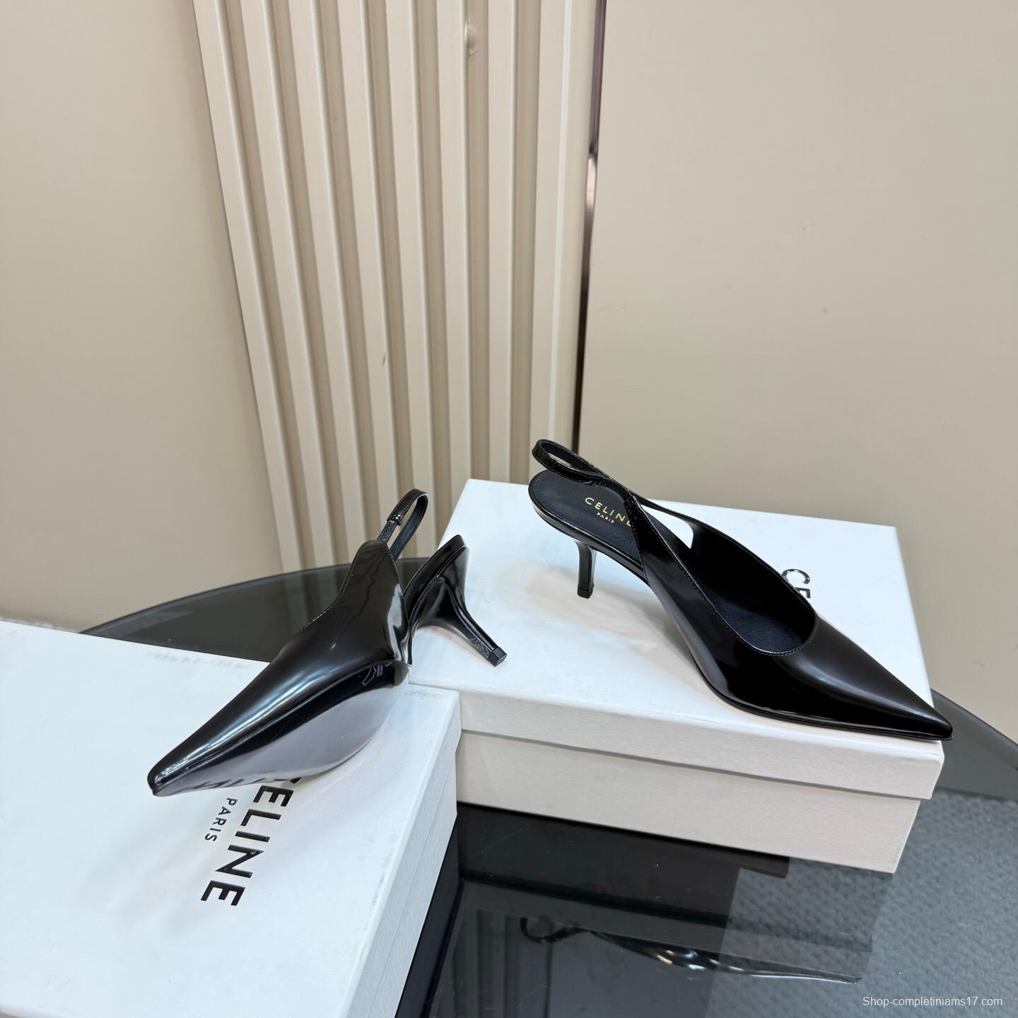 2025 Women CELINE Black Patent Leather Slingback Pumps KFY00310