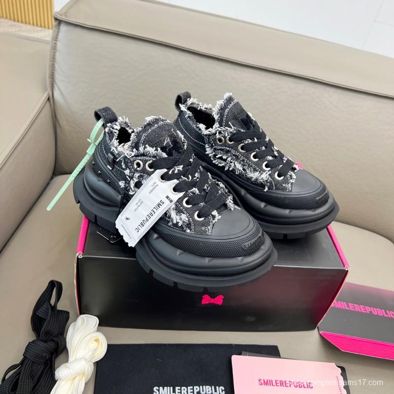 2025 Women SmileRepublic Black Tweed Leather Canvas Chunky Sneakers LY00291