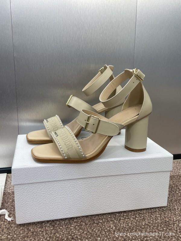 2025 Women Dior Beige Leather Sandals Ankle Strap KFY00320