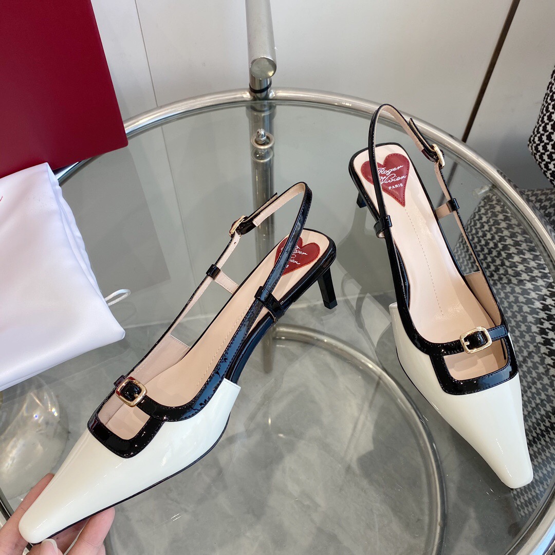 2025 Women Roger Vivier White Black Patent Leather Slingback Pump KFY00340